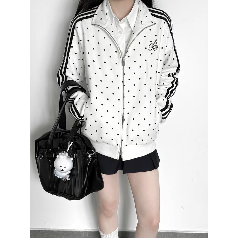 Polka dot gymnastics jacket, stand-up collar, no hood, women's Korean-style early autumn sporty versatile long-sleeve outerwear Polka dot gymnastics jacket, stand-up collar, no hood, women's Korean-style early autumn sporty versatile long-sleeve outerwear