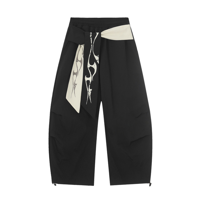 Trendy High Street Brand Long Pants with a Unique Design, Casual Loose Fit, Men's Pants with Drawstring Waist, Pleated Paratrooper Style, Sporty Tactical Pants