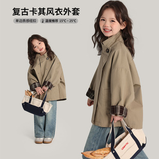 Momojia Girls' Jackets 2025 Spring New Baby Girl Windbreaker Jacket Korean Style Retro Style Mid-Length Windbreaker