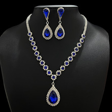 跨境爆款货源推荐欧美热销蓝色水滴水晶项链耳环套装首饰两件套女