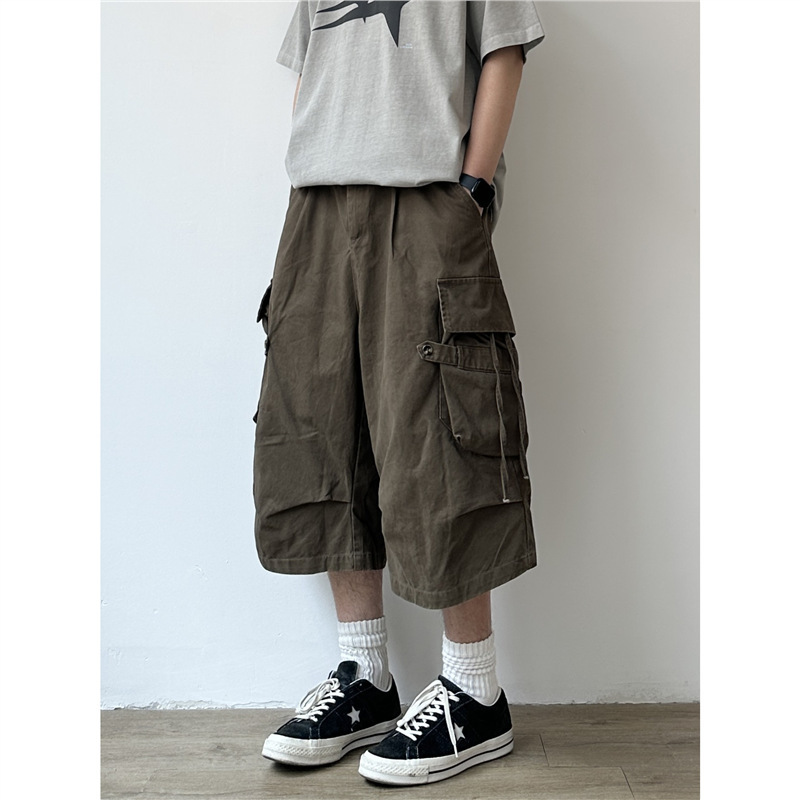 Summer Japanese Retro Cropped Cargo Shorts Unisex College Style Loose Wide-Leg Versatile Casual Pants Trendy