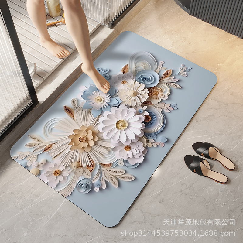跨境硅藻泥立体花卉地垫浴室防滑垫家用卫生间进门入户速干软脚垫|undefined