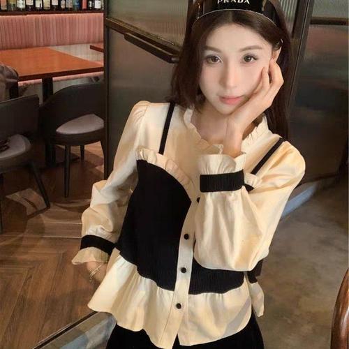 French retro design contrasting two-piece blouse, 2024 early spring new women's single-breasted multi-button long-sleeved top