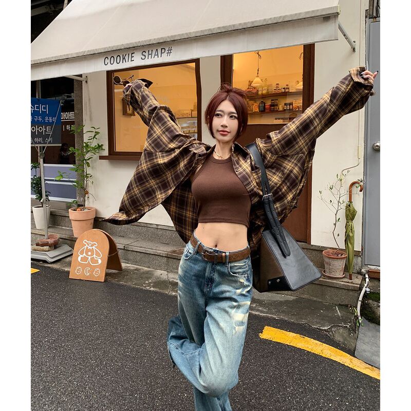 Coffee-Colored Plaid Shirt for Women, Early Autumn Korean Style, Lazy Style Shirt Jacket, Petite Cardigan, Melard Top