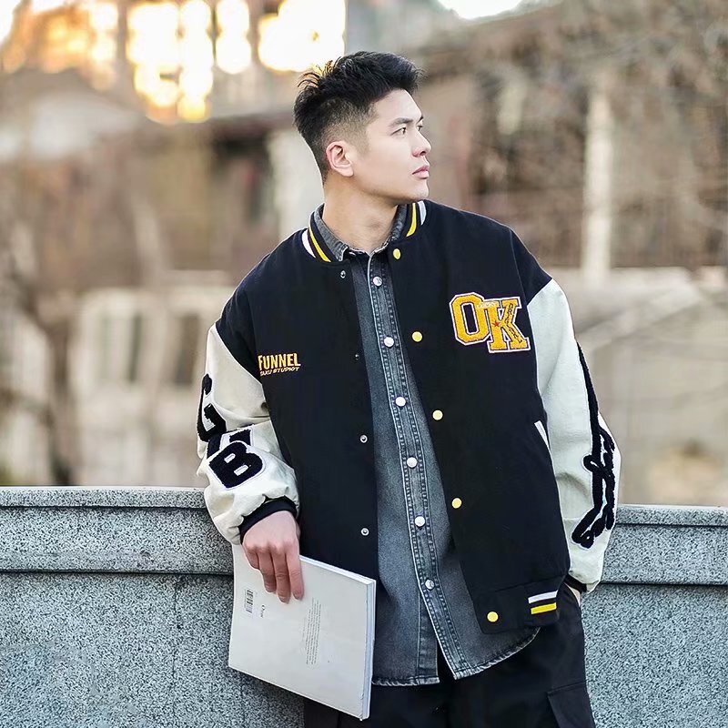 Letter embroidered baseball jacket men's spring and autumn American fashion brand pilot loose casual couple jacket ins fashion