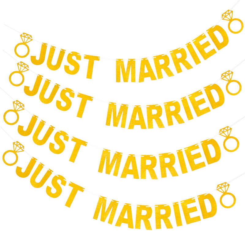 Partido de la boda tire bandera suministro directo de fábrica papel brillo oro plata JUSTMARRIED anillo carta tire flor