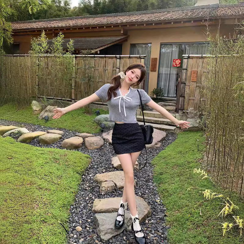 甘いスタイルのレースアップ薄手半袖アイスシルクニットセーターTシャツレディース新デザイントップカーディガンジャケット|undefined