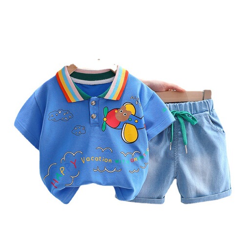Summer short-sleeved suit for small and medium-sized children, baby boy, cute cartoon lapel shorts two-piece set, manufacturer wholesale 2 years old