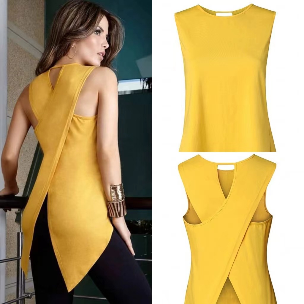 2024 European and American Amazon irregular back cross slim top sexy sleeveless solid color round neck T-shirt