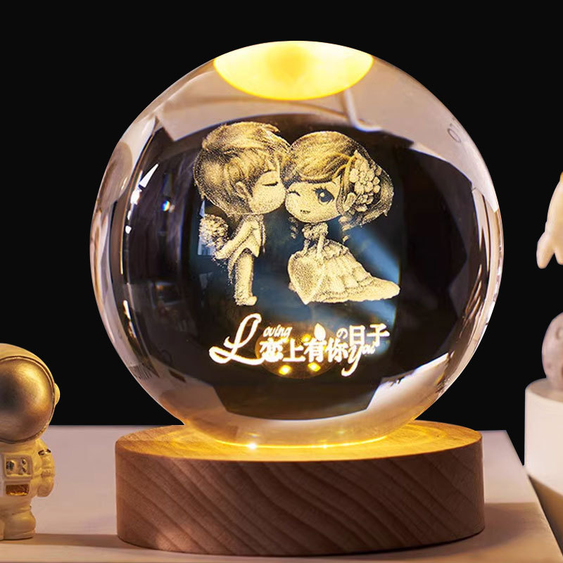 temu amazon una lámpara de noche de cristal de bola galáctica 3D láser interior grabado adornos de madera lámpara de noche galáctica