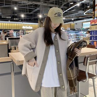 2024 Winter Velvet Thickeneded Cardigan Long-Sleeved Casual Loose Simple Contrasting Color Jacket Retro Small Fragrance Jacket