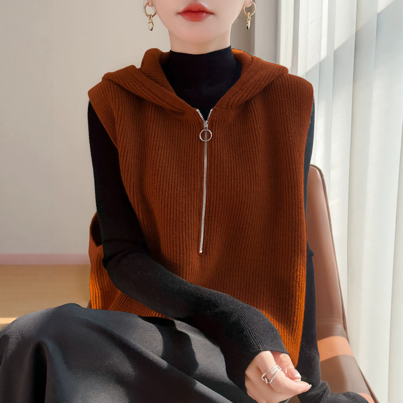 New style half-zip knitted vest for women, sleeveless, with a hooded collar, perfect as an outerwear piece, short-length sweater top