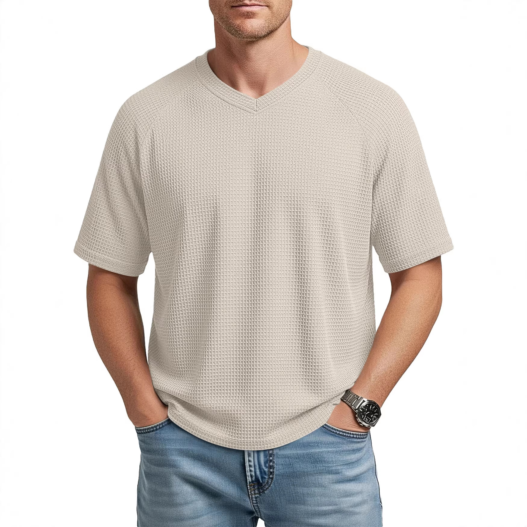 Europa y los Estados Unidos primavera y verano estación independiente transfronteriza hombre moda waffle tejido multifuncional manga de hombro cuello V camiseta de hombre de manga corta