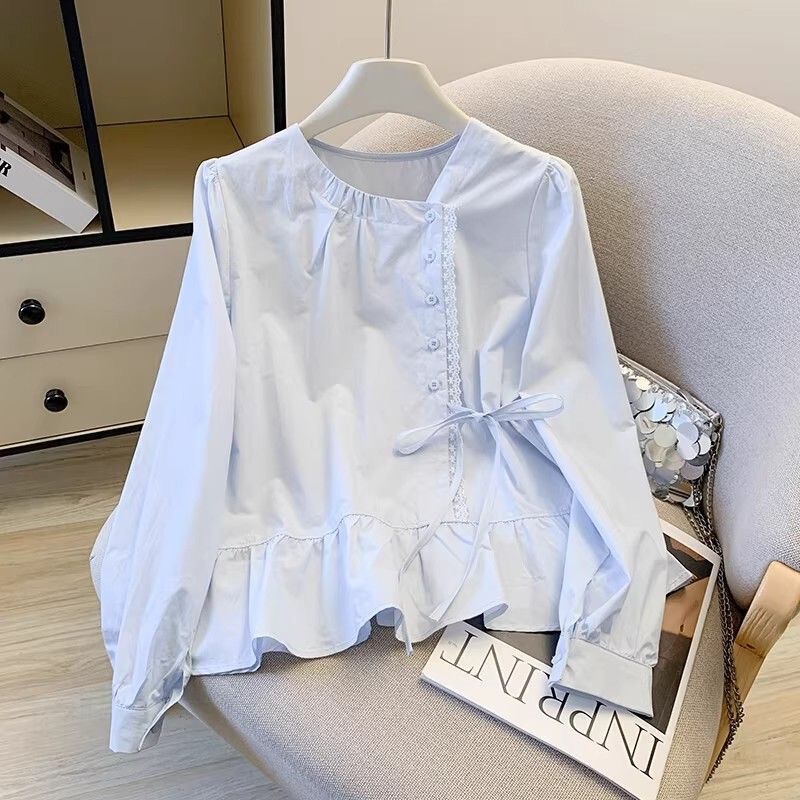 Irregular Lace Ruffle Tie Shirt for Women, Spring 2026, Super Trendy, Age-Reducing, Stylish Design, Long-Sleeve Top Irregular Lace Ruffle Tie Shirt for Women, Spring 2026, Super Trendy, Age-Reducing, Stylish Design, Long-Sleeve Top