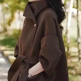 欧洲秋冬大码新款呢子立领收腰外套大衣宽松妹妹女装冬装