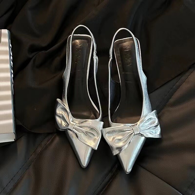 Silver Pointed Toe Bow 2025 Summer New Baotou High Heel Sandals Women's Low Heel Back Hollow Shallow Mouth Single Shoes Black