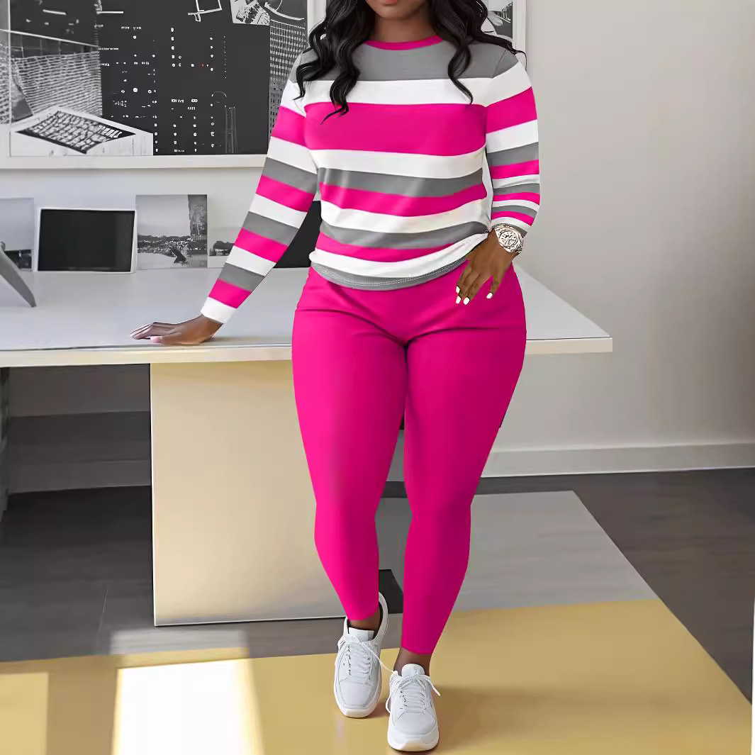 希音外贸热卖款女式两件套套装-长袖圆领条纹色块T恤舒适运动