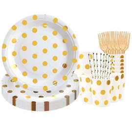 新款10份白色烫金大圆点餐盘简约派对用品蛋糕纸杯纸巾桌布刀叉勺