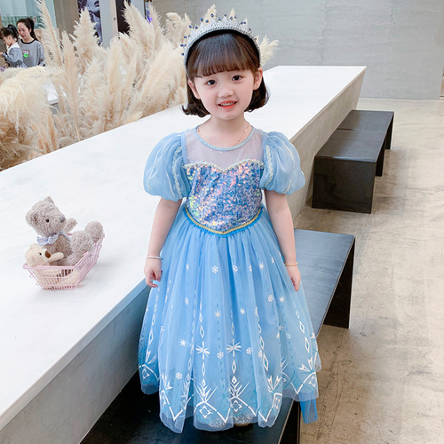 Colorful short-sleeved Frozen Elsa princess dress foreign trade children's clothing girl baby dress Halloween costume