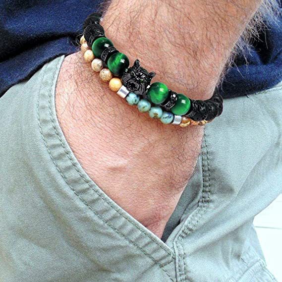 2022 Amazon transfronterizo europeo y americano hombres dominantes pulsera de cabeza de Lobo micro incrustaciones de circón cuentas de piedra de ojo de tigre pulsera de cuentas
