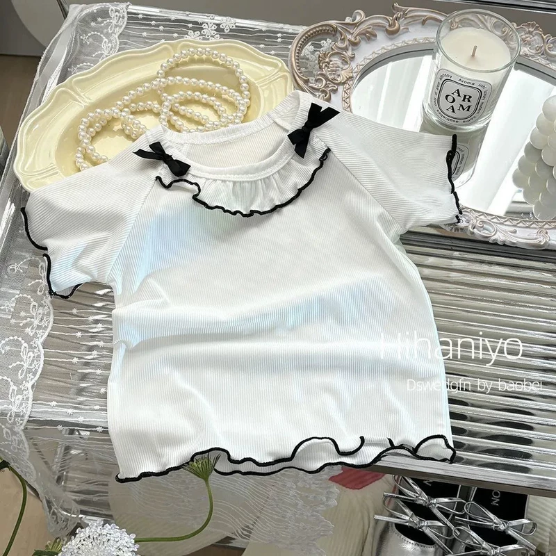 Футболка с коротким рукавом и бантом для девочек ледяной шёлк