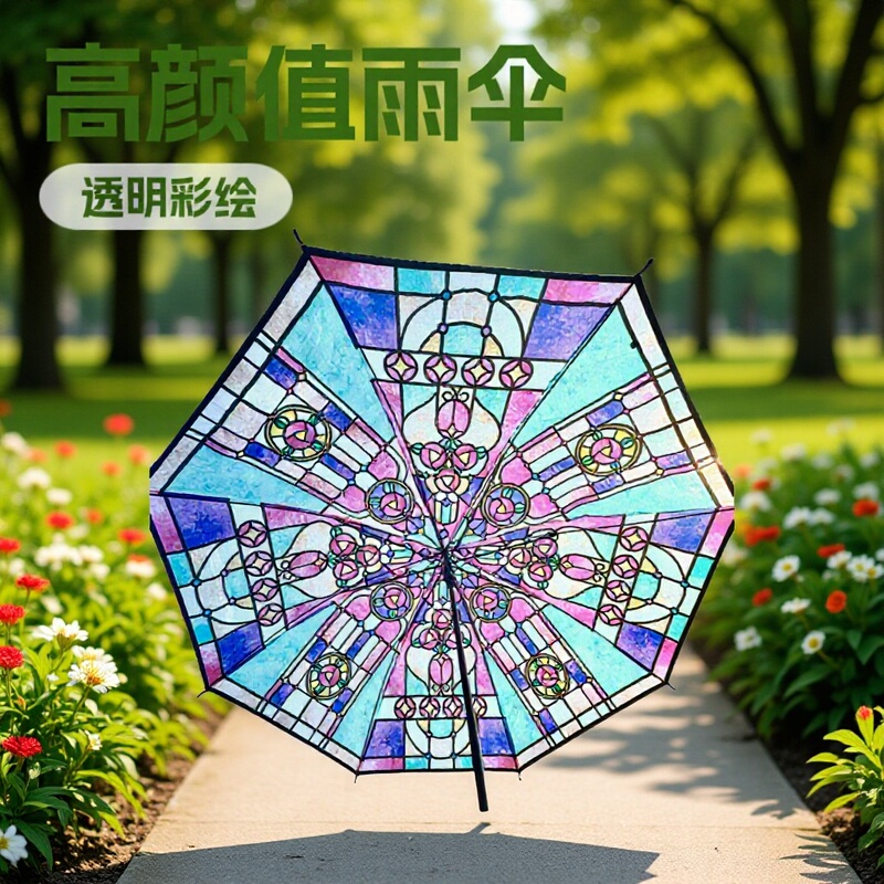 Automatic Umbrella Wholesale Japanese Church Glass Poe Straight Long Handle Sun Umbrella Patterned Waterproof Sunshade