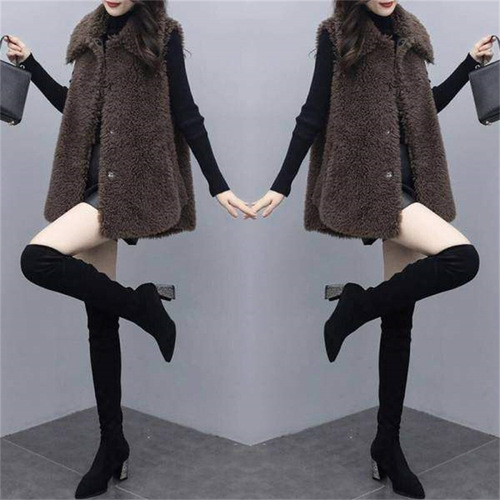 Lamb Fleece Vest Women 2025 New Autumn Winter Faux Fur Lambskin Long Length Loose Peacoat Jacket Wholesale
