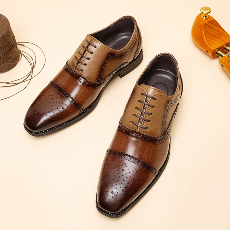 Men's British Style Square Toe Lace-up Brogue Leather Casual Shoes_voghion.com