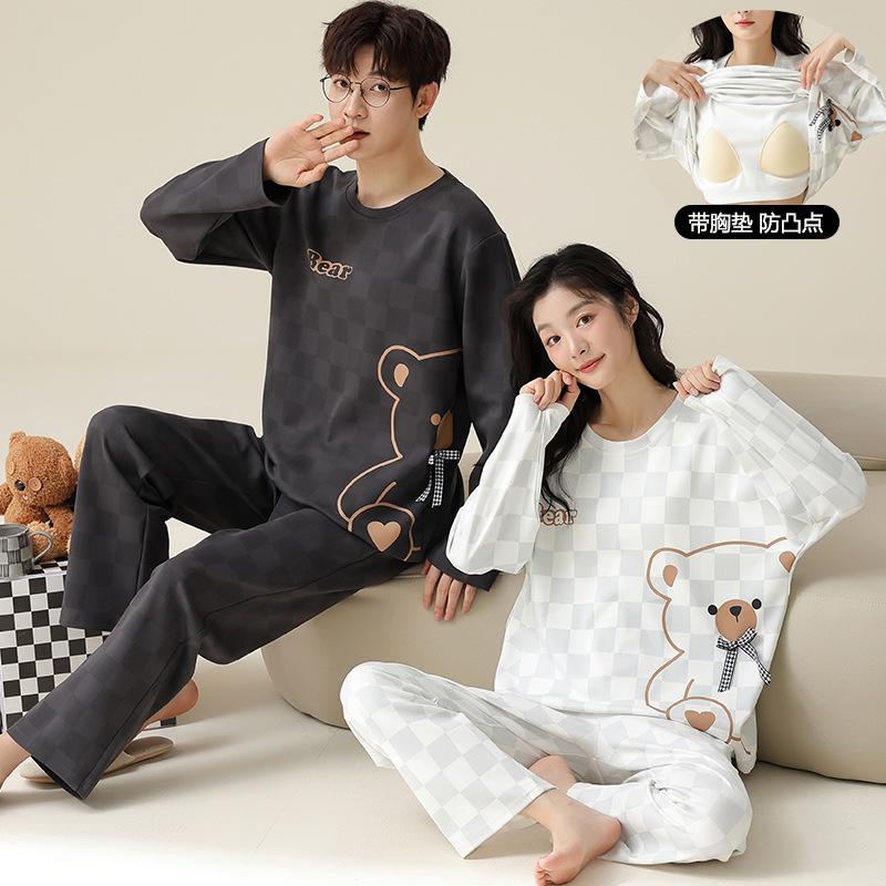 【纯棉】情侣睡衣女士带胸垫春秋冬款长袖卡通男式家居服套装时尚