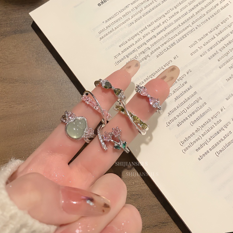 "Peach Lake Ridge Green Shade" Spring Light Sweet Style Light Green Pink Cute Open Ring for Women Fresh Daily Elegant Ring