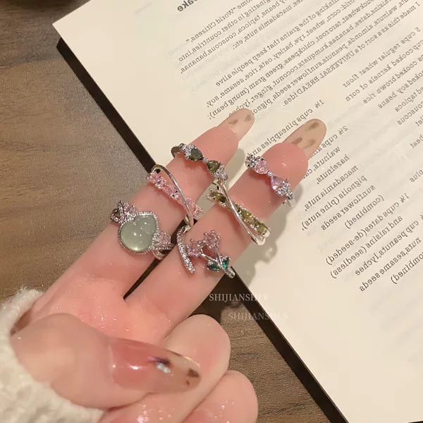 "Peach Lake Ridge Green Shade" Spring Light Sweet Style Light Green Pink Cute Open Ring for Women Fresh Daily Elegant Ring