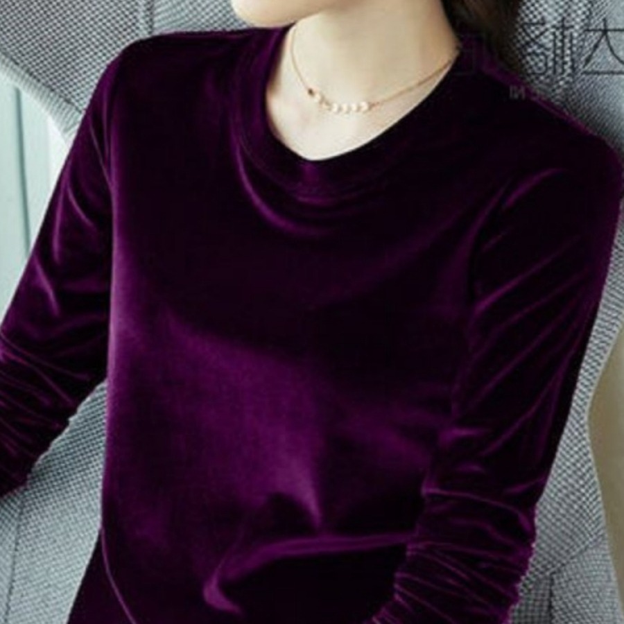 2023 New Spring and Autumn Gold Velvet Long-Sleeved Fleece-Lined Round Neck T-Shirt Women's Top Base Layer Plus Size Trendy