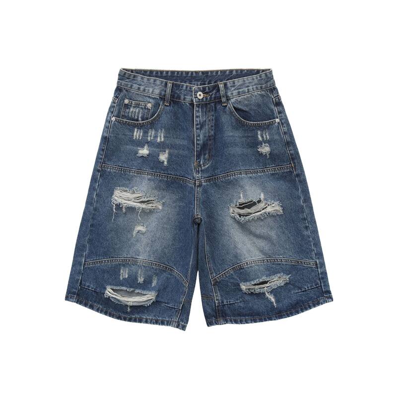 Quần short jean nam dáng rộng phong cách retro, rách giặt mài, lửng ống đứng — Màu xanh dương
