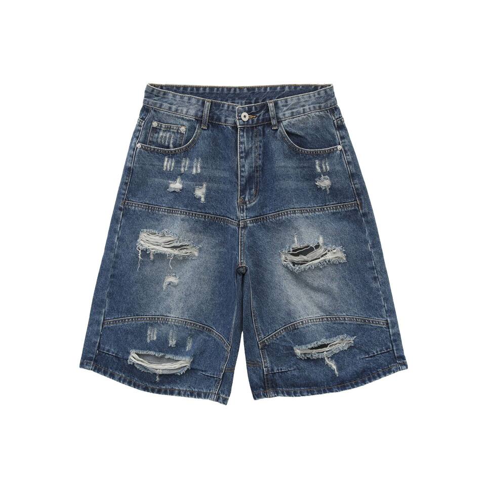 Quần short jean nam dáng rộng phong cách retro, rách giặt mài, lửng ống đứng — Màu xanh dương