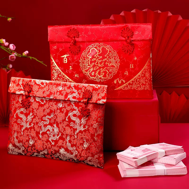 Tela de satén de la boda sobre rojo estilo chino Xi carácter grande creativo brocado modificado sobre rojo