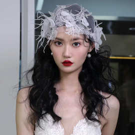 新款超仙头纱复古造型发饰领证头饰羽毛花朵帽纱婚纱礼服配饰