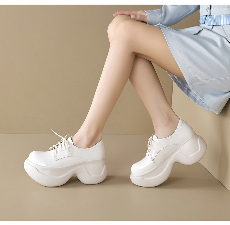 Giày loafer nữ đế xuồng platform cao 8 cm, dây buộc, da thật mùa thu 2025 — màu đen, màu trắng ngà chi tiết 13