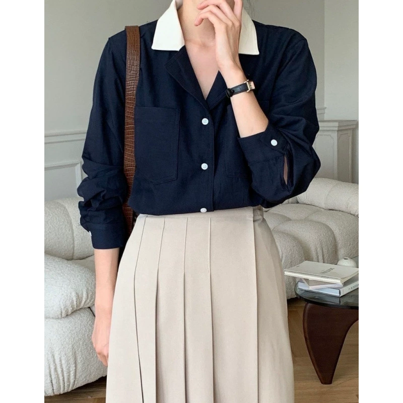 2024 новый французский стиль ретро с контрастным лацканом повседневный карман дизайн свободный дикий блузка топ