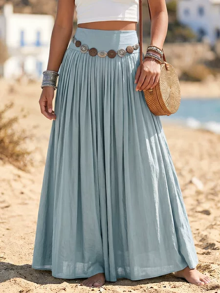 2026 European and American Cross-Border New Solid Color Half-Length Skirt for Women, Retro Ethnic Style Waist Chain Long Skirt, Holiday Beach Skirt