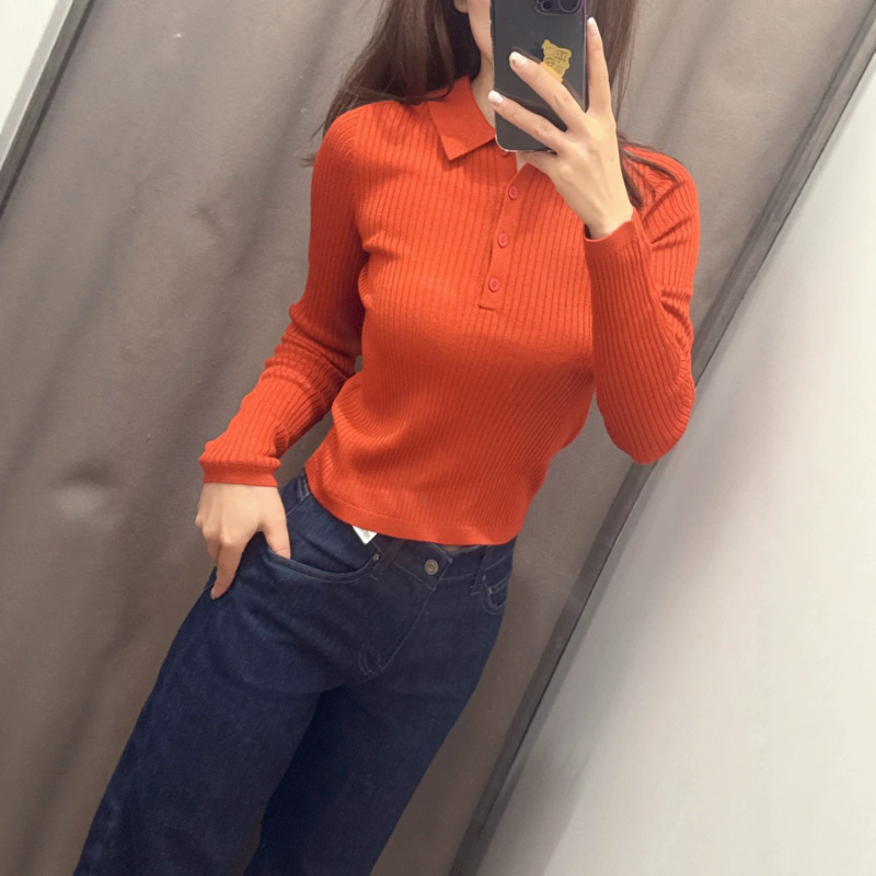 Japanese-style women's fine merino wool blend ribbed polo-neck knit sweater, slim-fit base layer, L485321