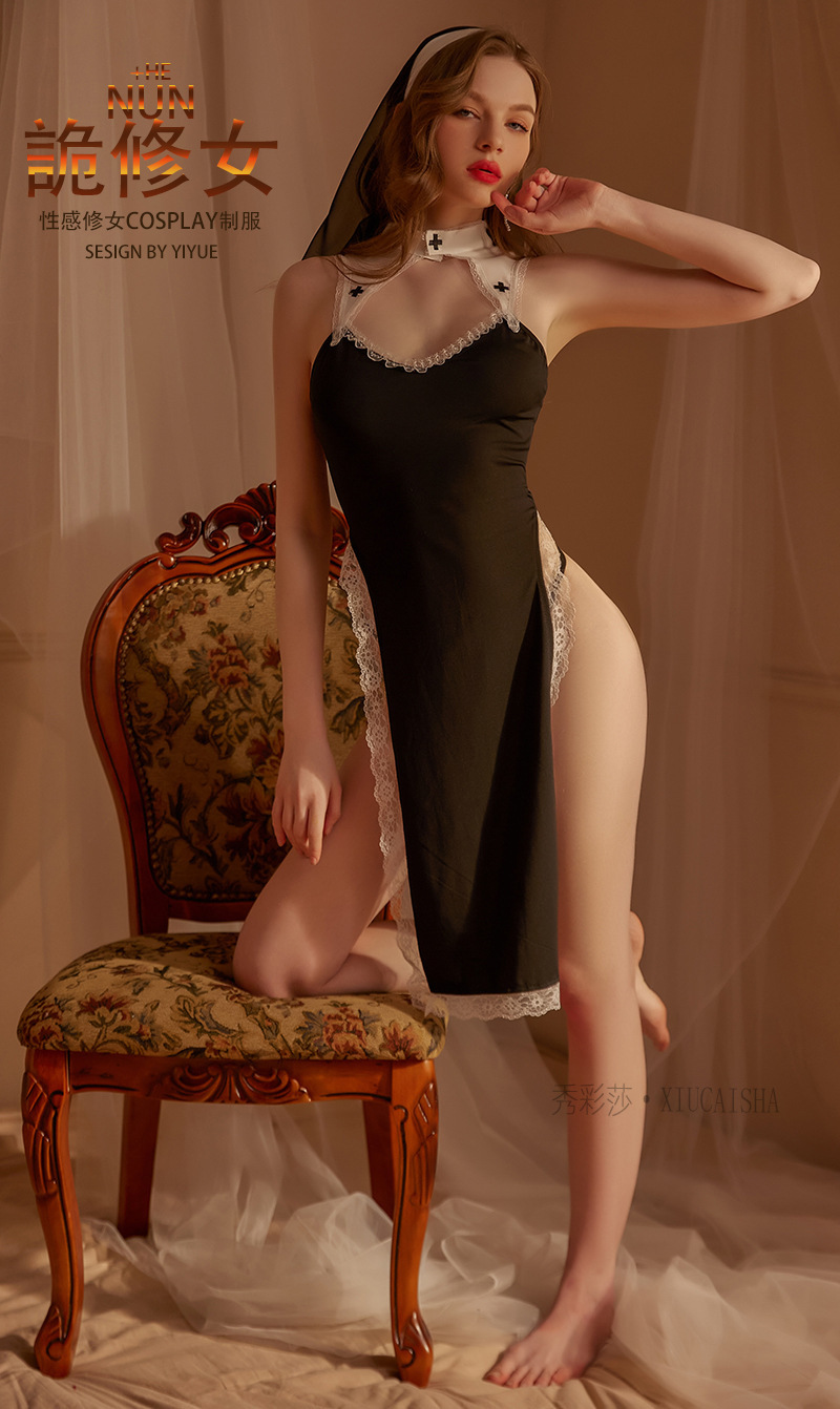 Nun Cosplay Lingerie Dress with Headpiece and Thong, Sheer Mesh One-Piece — detail image 1
