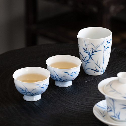 Hand-painted blue bamboo lace tall master cup household tea cup single cup ceramic Kung Fu tea set single tea cup
