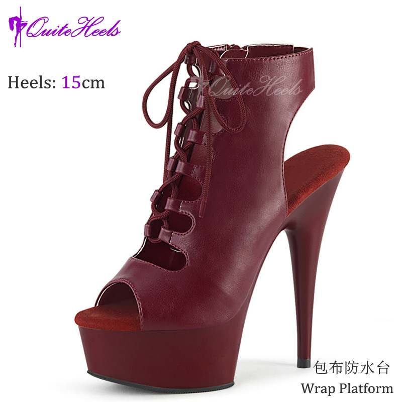 Sandal cao gót nữ hở mũi gót 15 cm kiểu DJ Roman đế mỏng chống thấm nước — Lưu ý màu sắc tùy chỉnh DIY, Màu mơ mặt mờ, màu đỏ tía mờ, Mặt Gương Màu Đen