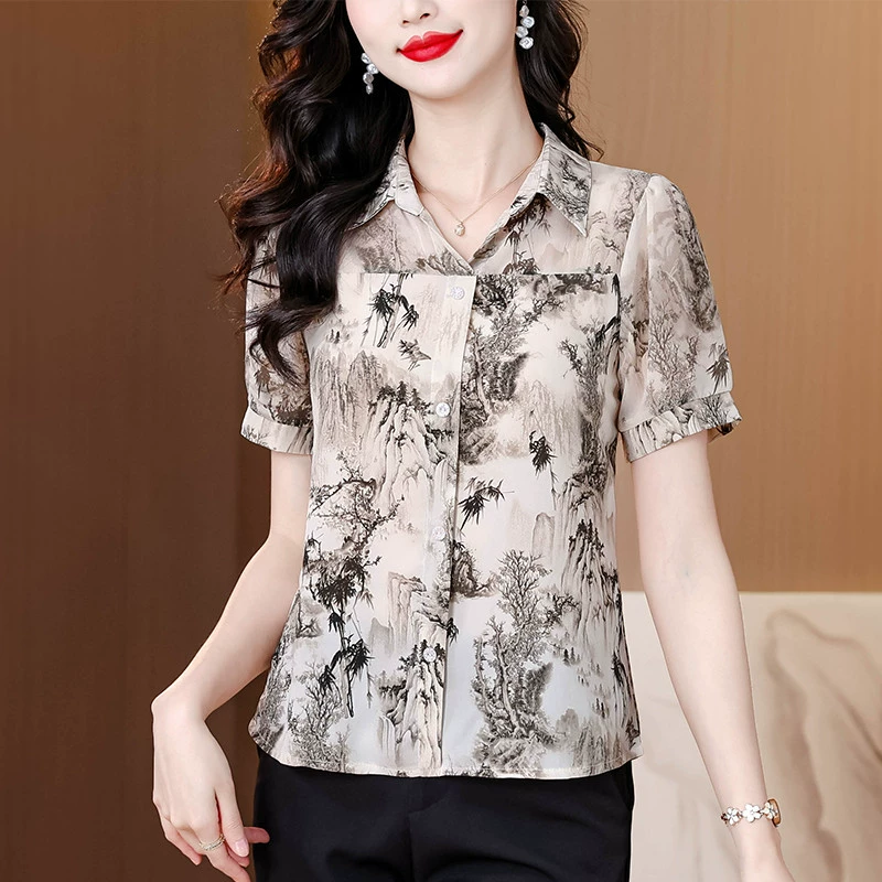 K4H летняя благородная и стильная рубашка с принтом для женщин, новинка 2025 года, топ для мам, элегантный, больших размеров, для среднего и пожилого возраста, маленький