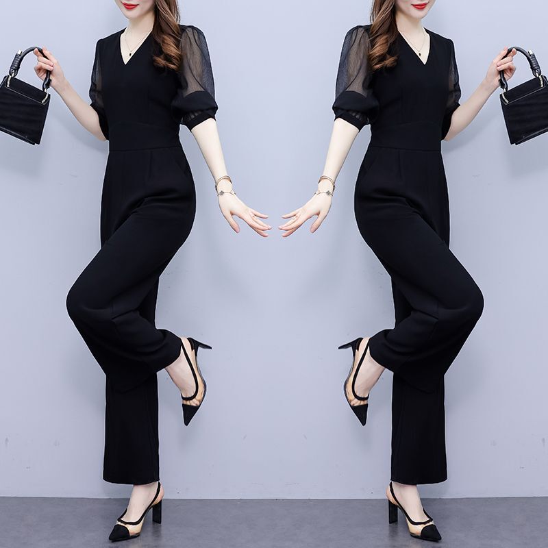 New Spring and Summer Jumpsuit, Black High-Waisted Slimming Chiffon Wide-Leg Jumpsuit with Three-Quarter Sleeves, Elegant New Product for Women New Spring and Summer Jumpsuit, Black High-Waisted Slimming Chiffon Wide-Leg Jumpsuit with Three-Quarter Sleeves, Elegant New Product for Women