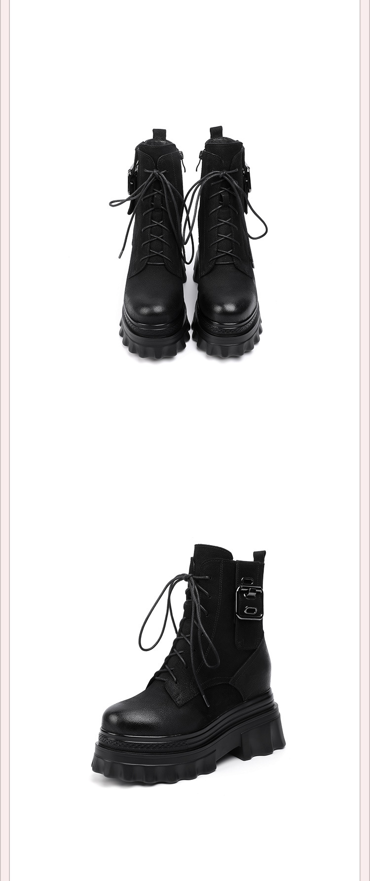 Boot nữ cổ thấp phong cách Anh quốc cổ điển, khóa kéo bên hông, đế dày 10 cm tăng chiều cao — Lót nhung đen chi tiết 14