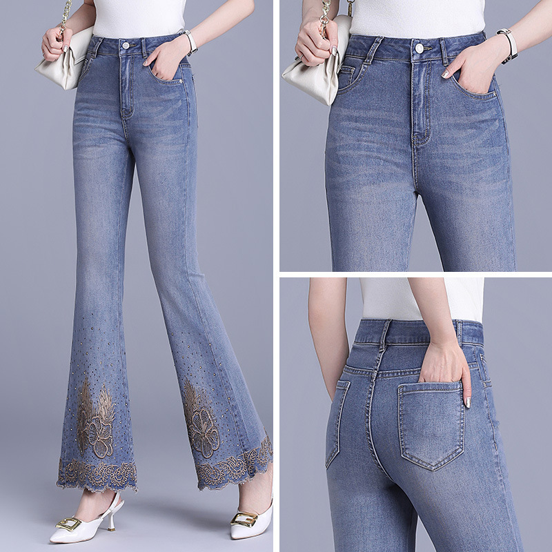 Summer Fashion Women's Retro Denim Flared Pants High-Waisted Slimming Rhinestone Embroidered Design Straight-Leg Flared Pants Summer Fashion Women's Retro Denim Flared Pants High-Waisted Slimming Rhinestone Embroidered Design Straight-Leg Flared Pants