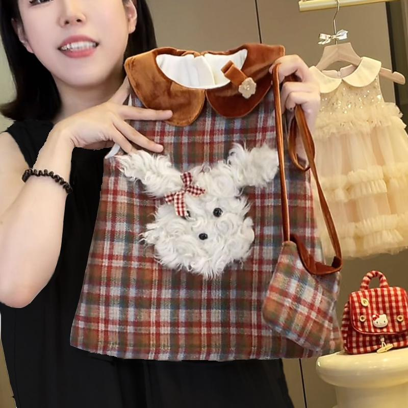 Qianqiu niñas más vestido de terciopelo otoño y invierno nuevo chaleco retrógrado para niños falda a cuadros vestido de princesa bebé