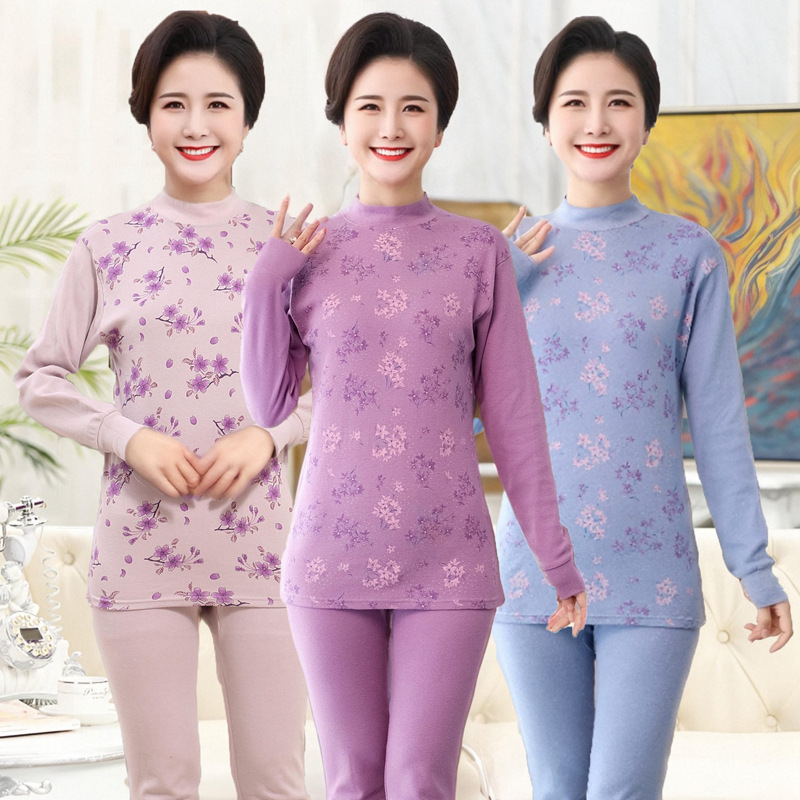 Middle-aged and elderly 100% cotton autumn clothes for mothers long trousers women's thermal underwear thin mid-high collar cotton sweater suit