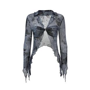 Cool Hot March Korean Style Hot Girl Belt Buckle Thin Shirt Cardigan Women's Thin Tie-Dye Black Long Sleeve Top